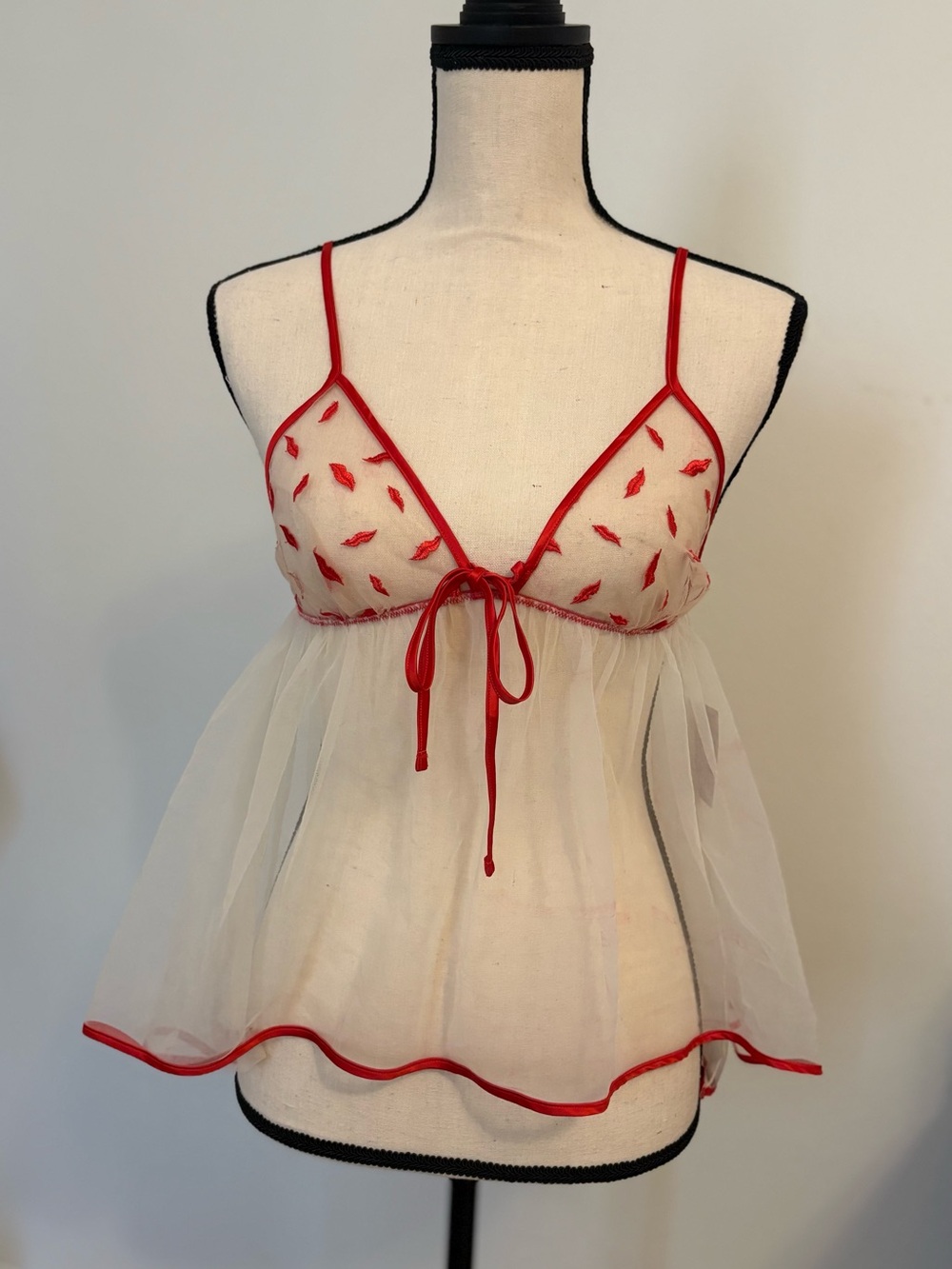 Sheer Red-Trim Babydoll Nightie with Embroidered kisses detail